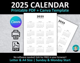 2025 Year to View Calendar Portrait | Printable PDF + CANVA Template | Sunday + Monday Start | 8.5x11 Letter + A4 Size | Simple Clean Design