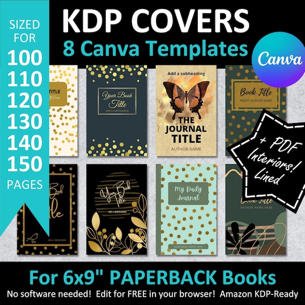 Canva 6x9" KDP PAPERBACK Book Cover Templates Editable Set #3 | + PDF Lined Interiors 100-150 Pages | Gold Amazon Notebook Journal Covers