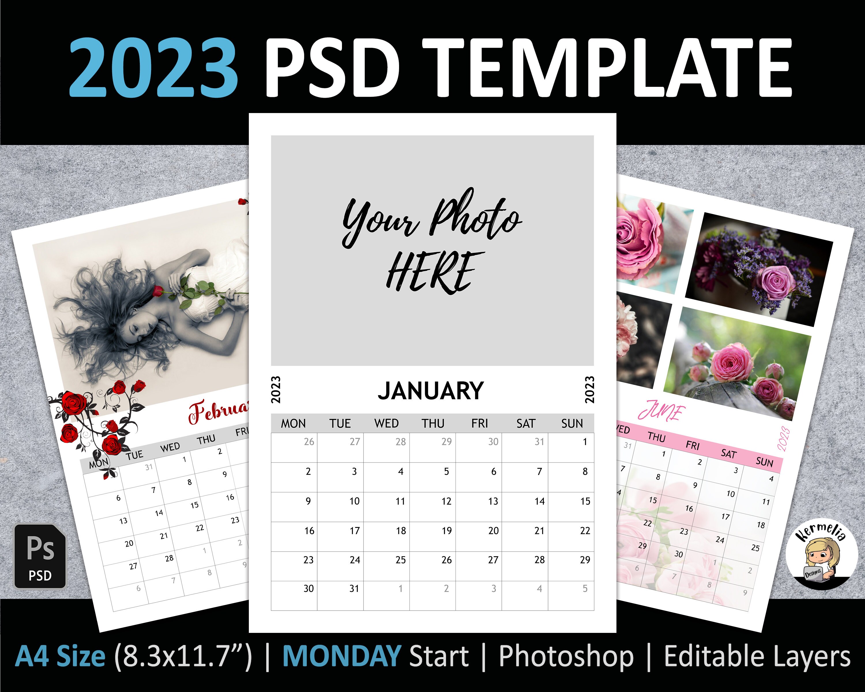 A4 2023 CALENDAR PSD Template Monday Start Editable Layers - Etsy