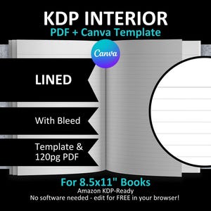 CANVA 8.5x11" LINED Interior Editable Template Blank Notebook Journal for Amazon KDP | Bleed | 120 Pages Ready to Upload Pdf | Save Time!
