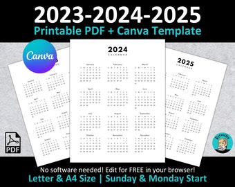 2023 2024 2025 Year to View Calendar | Printable PDF | CANVA Template | Sunday + Monday Start | Letter + A4 Size | Simple Clean Design