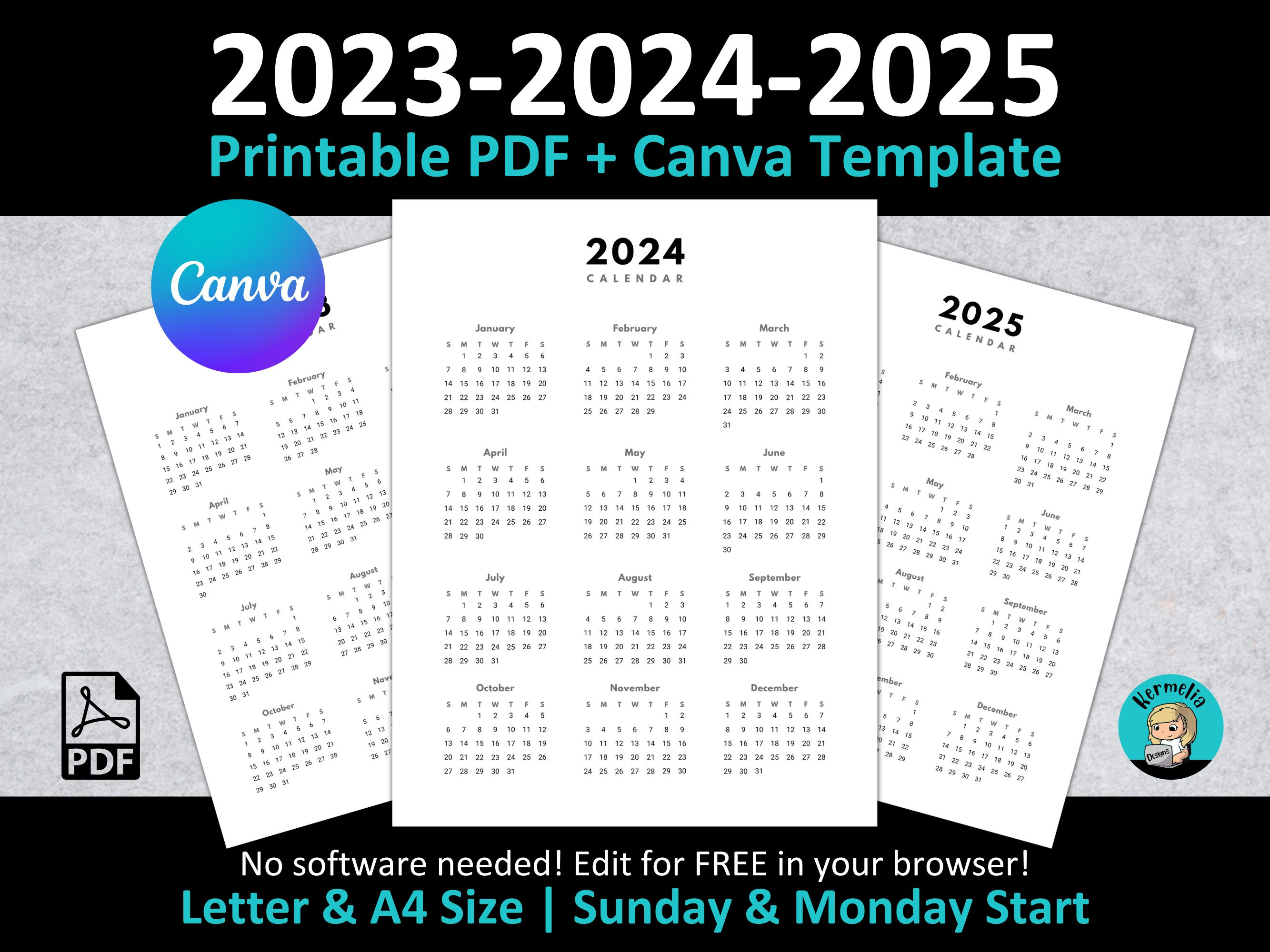 2023 2024 2025 Year to View Calendar Printable PDF CANVA Template