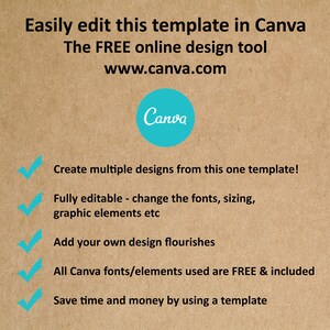 May include: A brown background with a blue Canva logo and a checklist of five benefits of using Canva to create designs. The text reads: "Easily edit this template in Canva. The FREE online design tool. www.canva.com. Create multiple designs from this one template! Fully editable - change the fonts, sizing, graphic elements etc. Add your own design flourishes. All Canva fonts/elements used are FREE & included. Save time and money by using a template."