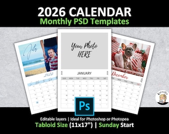 Tabloid 11 x 17" 2026 KALENDER PSD-sjabloon | Start zondag | Bewerkbare lagen Photoshop Photopea 300 dpi | Fotoplanner cadeau kerstvakantie