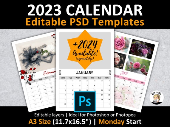 A3 2023 CALENDAR PSD Template Monday Start Editable Layers Photoshop Photopea 300 Dpi Photo Planner Gift Christmas Holiday 11.7x16.5 - Etsy