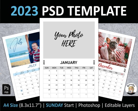 2023 Calendar Psd A4 2023 Calendar Psd Template Sunday Start Editable Layers | Etsy India