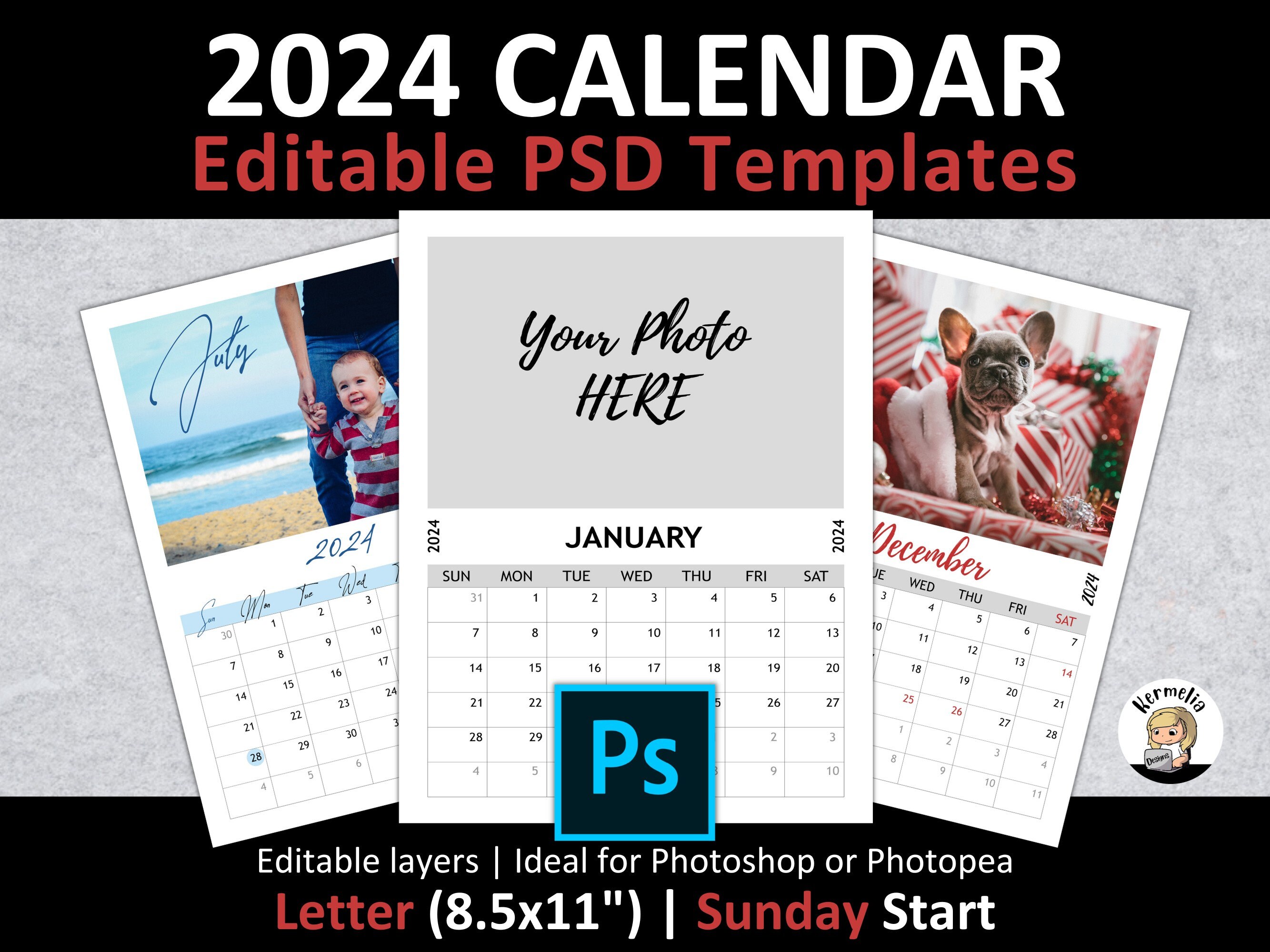 Letter 8.5x11 2024 CALENDAR PSD Template Sunday Start Editable Layers  Photoshop Photopea 300 Dpi Photo Planner Gift Christmas Holiday - Etsy