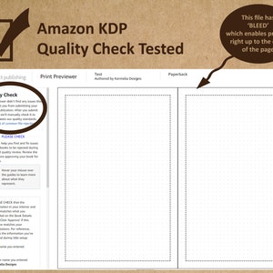 May include: A screenshot of a Kindle Direct Publishing (KDP) quality check page. The page shows a preview of a book with a dotted grid pattern. The text "This file has 'BLEED' which enables printing right up to the edge of the page" is highlighted in a brown circle.