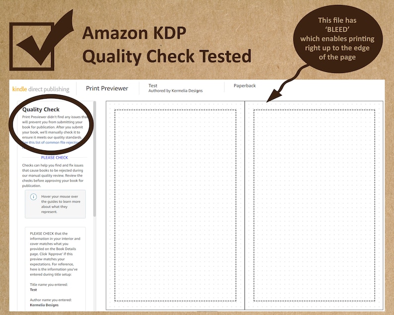 May include: A screenshot of a Kindle Direct Publishing (KDP) quality check page. The page shows a preview of a book with a dotted grid pattern. The text "This file has 'BLEED' which enables printing right up to the edge of the page" is highlighted in a brown circle.