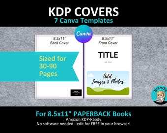 Conjunto de modelos editáveis para capa de livro de bolso Canva 8,5x11" KDP | Tamanhos: 30 a 90 páginas | Caderno infantil Amazon | Diário | Revista