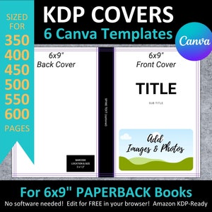 Plantillas editables de portadas de libro de bolsillo Canva de 6 x 9 pulgadas para KDP, con un tamaño para interiores de 350 a 600 páginas, y portadas de libros de diario en blanco de Amazon