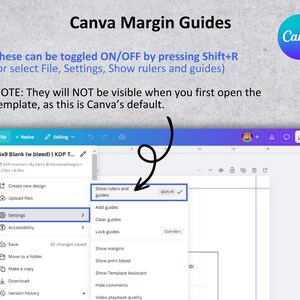 May include: A screenshot of the Canva design platform showing the settings menu. The menu includes options to show rulers and guides, add guides, clear guides, lock guides, show margins, show print bleed, show template assistant, hide comments, and video playback quality. The text "Shift+R" is visible in the menu.