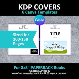 Canva 8x8" KDP PAPERBACK COVER Templates Editable Bundle Set | Sized for 100-150 Page Interiors | Amazon Kids Blank Notebook Journal Book