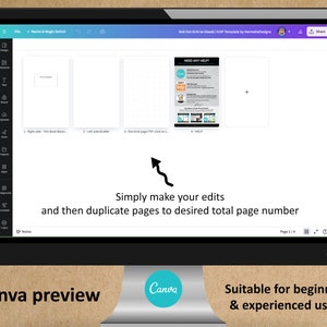 May include: A computer screen displaying a Canva design template for a dot grid journal. The template includes four pages: a title page, a blank page, a dot grid page, and a help page. The text "Need Any Help?" is visible on the help page. The screen shows a message that says "Simply make your edits and then duplicate pages to desired total page number". The text "Canva preview" is visible at the bottom of the screen.