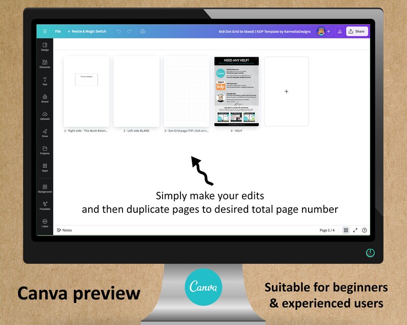 May include: A computer screen displaying a Canva design template for a dot grid journal. The template includes four pages: a title page, a blank page, a dot grid page, and a help page. The text "Need Any Help?" is visible on the help page. The screen shows a message that says "Simply make your edits and then duplicate pages to desired total page number". The text "Canva preview" is visible at the bottom of the screen.