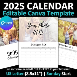 Plantilla de calendario CANVA para EE. UU. de 8,5 x 11 pulgadas para 2025, inicio en domingo, diseño simple, totalmente editable, planificador de pared con fotos, regalo para Navidad y vacaciones