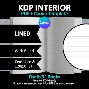 CANVA 6x9" LINED Interior Editable Template Blank Notebook Journal for Amazon KDP | Bleed | 120 Pages Ready to Upload Pdf | Save Time!