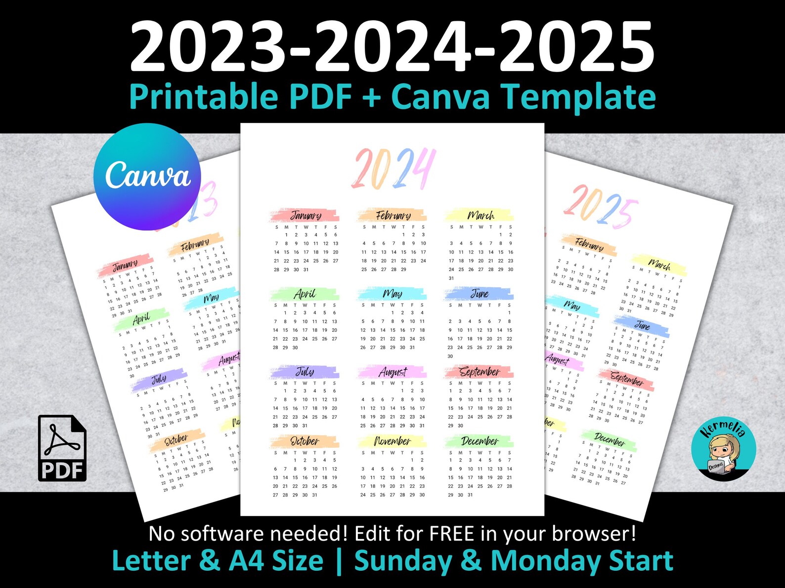 2023 2024 2025 Year to View Calendar Printable PDF CANVA Template