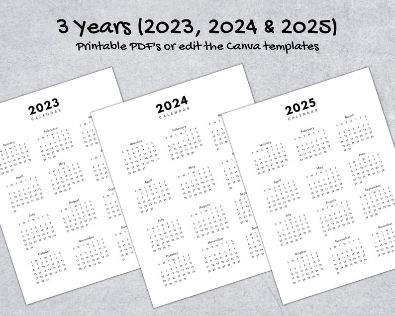 2023 2024 2025 Year to View Calendar Printable PDF CANVA Template