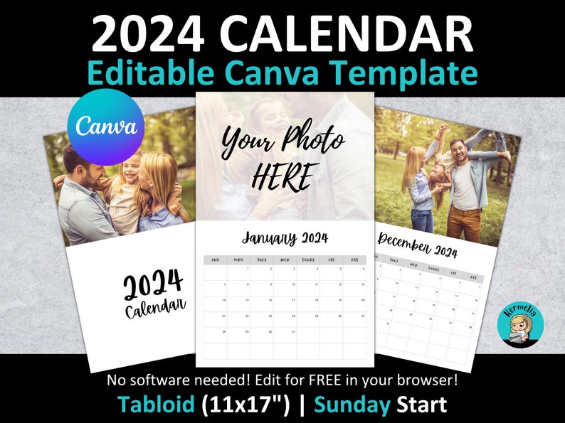 Tabloid 11x17 2025 CALENDAR CANVA Template Sunday Etsy