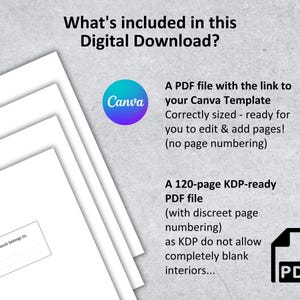 May include: A digital download for a 120-page book template. The download includes a PDF file with a link to a Canva template and a KDP-ready PDF file. The Canva template is correctly sized and ready to edit and add pages. The KDP-ready PDF file has discreet page numbering. The text "This book belongs to" is on a white page.