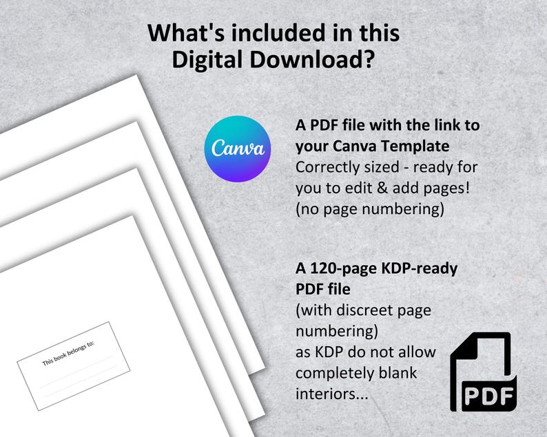 May include: A digital download for a 120-page book template. The download includes a PDF file with a link to a Canva template and a KDP-ready PDF file. The Canva template is correctly sized and ready to edit and add pages. The KDP-ready PDF file has discreet page numbering. The text "This book belongs to" is on a white page.