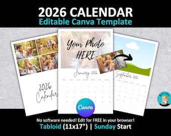 Tabloid 11x17" 2026 CALENDAR CANVA Template | Sunday Start | Simple Grid Design | Fully Editable | Photo Wall Planner Gift Christmas Holiday