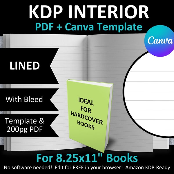 CANVA 8.25x11" LINED Interior Editable Template Blank Notebook Journal for Amazon KDP | Bleed | 200 Pages Ready to Upload Pdf | Hardcover