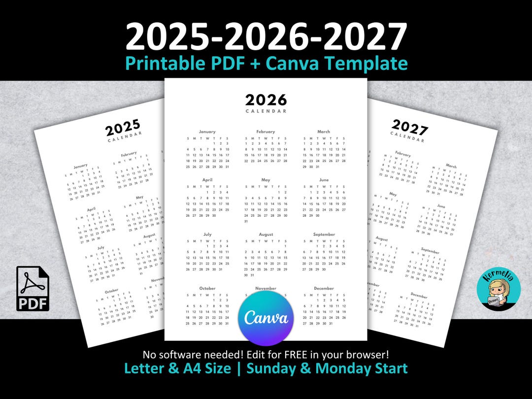 2026 - 2027 年カレンダー | 印刷可能な PDF | CANVA テンプレート