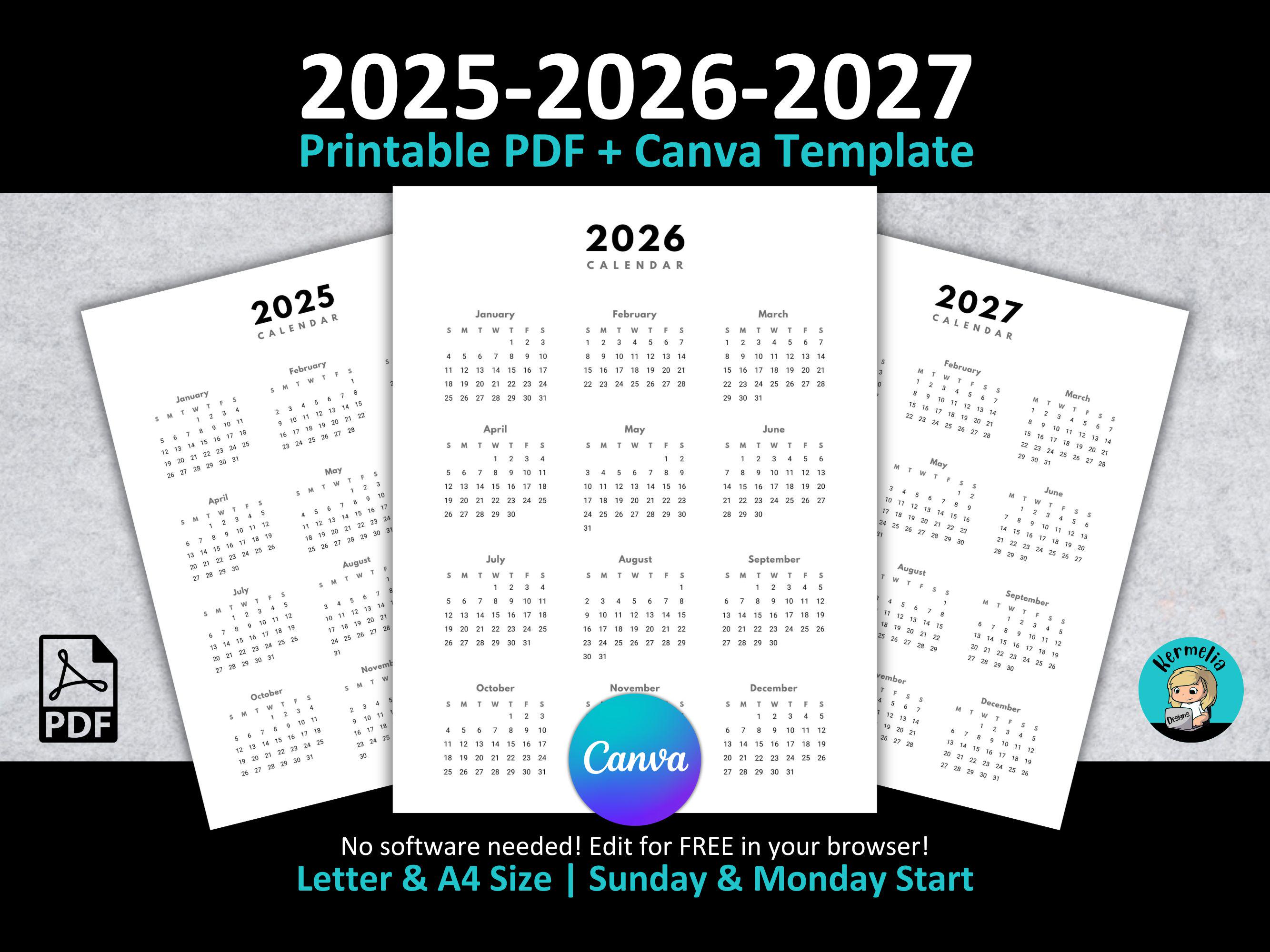 2026 - 2027 年カレンダー | 印刷可能な PDF | CANVA テンプレート
