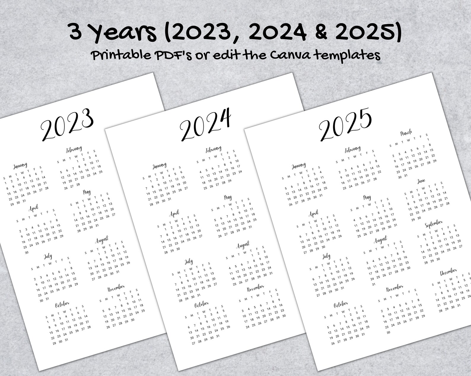 2023 2024 2025 Year to View Calendar Printable PDF CANVA Template