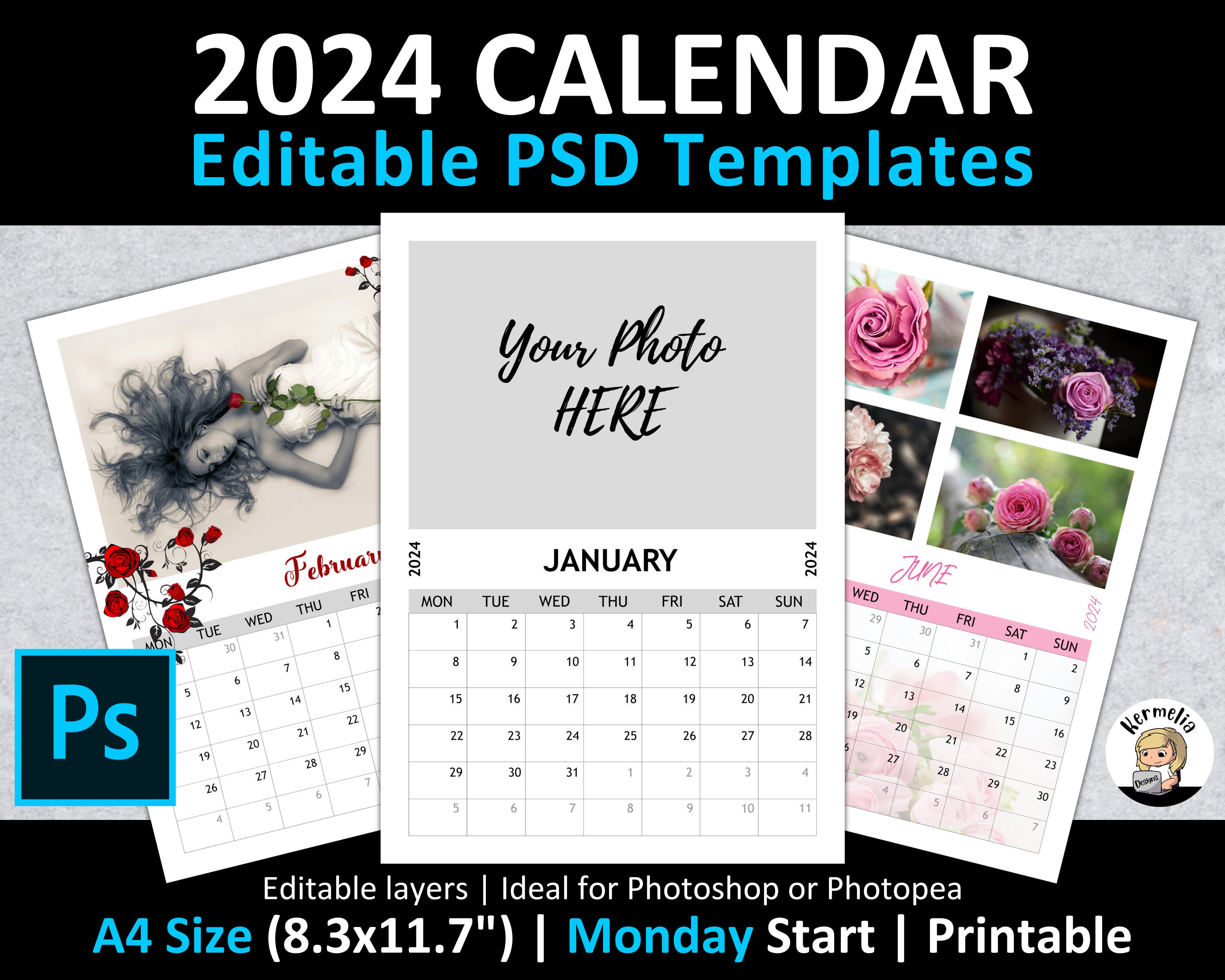 A4 8.3x11.7 2024 CALENDAR PSD Template Monday Start Etsy