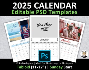 Tabloid 11x17&quot; 2025 CALENDAR PSD Template | Sunday Start | Editable Layers Photoshop Photopea 300 dpi | Photo Planner Gift Christmas Holiday