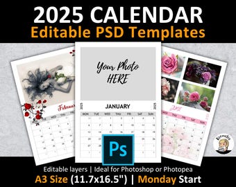 A3 11.7x16.5&quot; 2025 CALENDAR PSD Template | Monday Start | Editable Layers Photoshop Photopea 300 dpi | Photo Planner Gift Christmas Holiday
