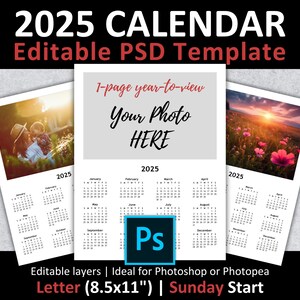 Calendário do ano para visualizar 2025 PSD Template | Início de domingo | Carta dos EUA 8,5x11" | Camadas editáveis Photoshop Photopea Foto Presente Natal Feriado