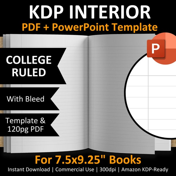 7.5x9.25" COLLEGE RULED Lined Interior Editable Blank Template Notebook Journal for Amazon KDP | 120 pages | With Bleed | Pdf Pptx