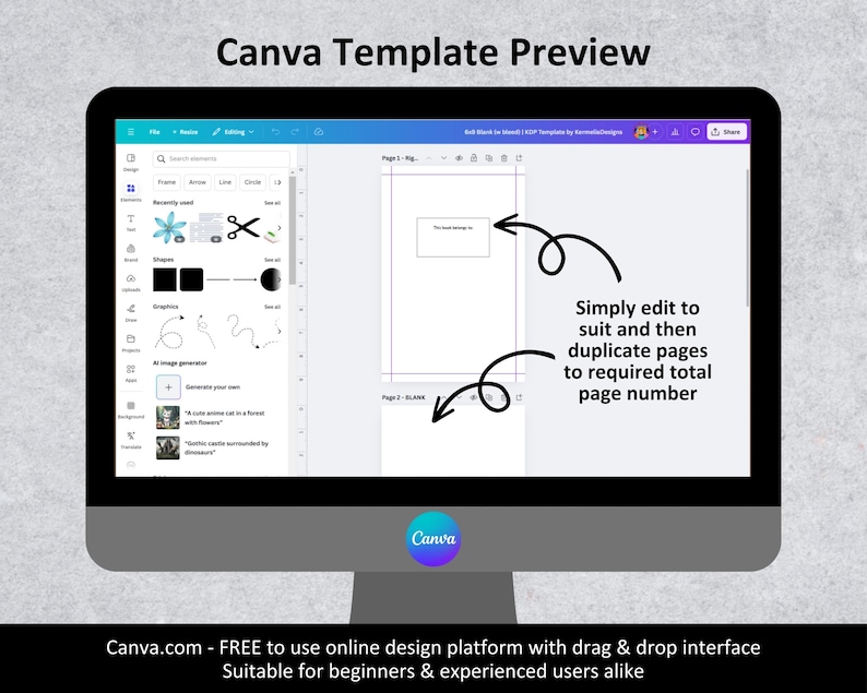 May include: A screenshot of the Canva website showing a template preview. The template is a blank page with the text "Page 2 - BLANK" at the bottom. The text "Simply edit to suit and then duplicate pages to required total page number" is displayed on the right side of the image.