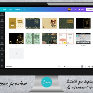 May include: A computer screen displaying a Canva design template for a journal cover. The template features a variety of designs with gold accents and the text "The Journal Title".
