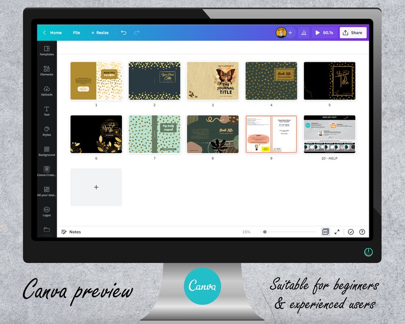 May include: A computer screen displaying a Canva design template for a journal cover. The template features a variety of designs with gold accents and the text "The Journal Title".