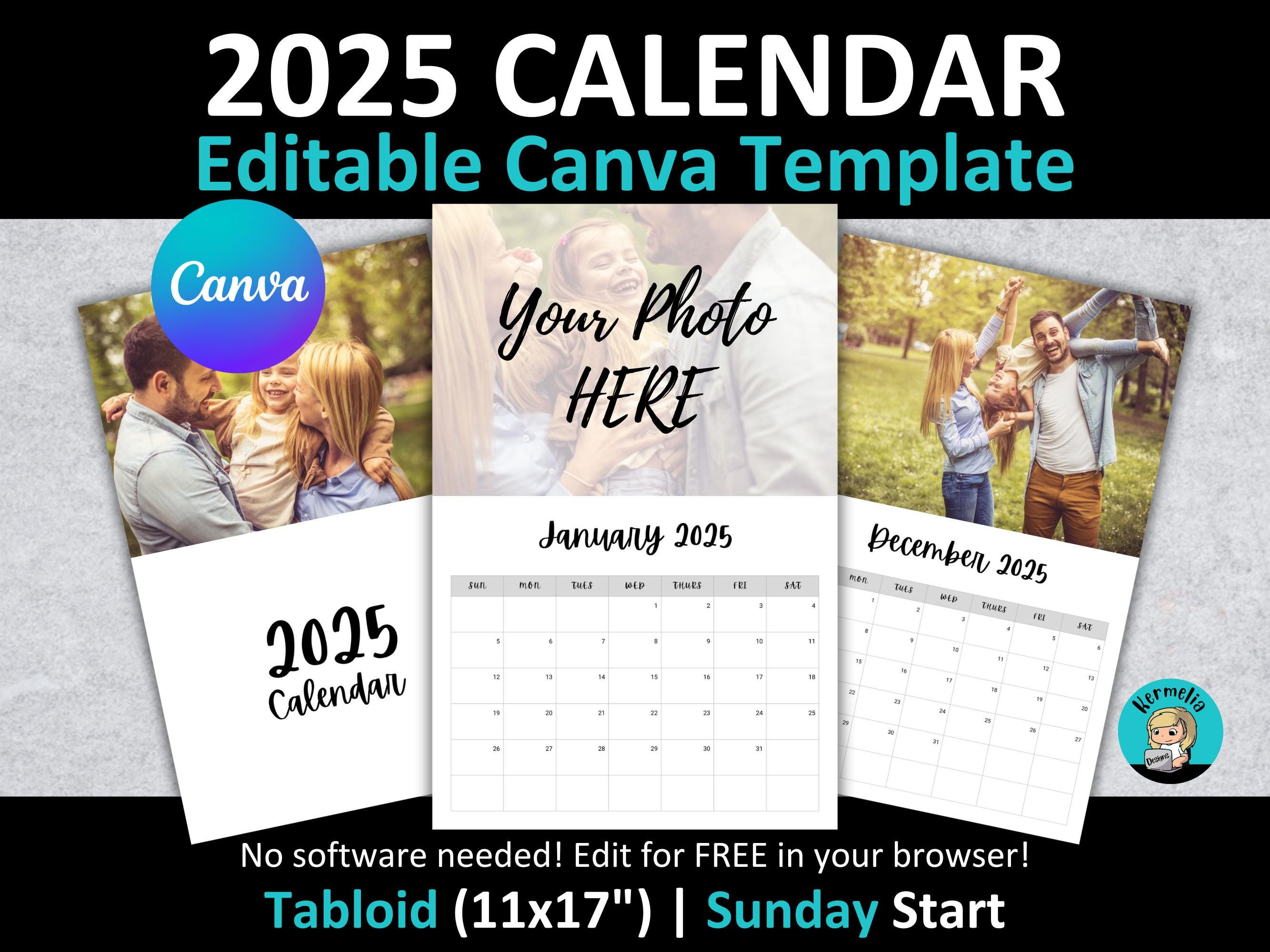 Tabloid 11x17" 2025 CALENDAR CANVA Template | Sunday Start | Simple Grid Design | Fully Editable | Photo Wall Planner Gift Christmas Holiday