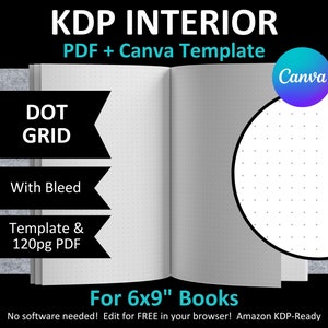 CANVA 6x9 "DOT Grid Interior bearbeitbare Vorlage Leeres Notebook Bullet BuJo Journal für Amazon KDP | Mit Anschnitt | + 120 Seiten Pdf