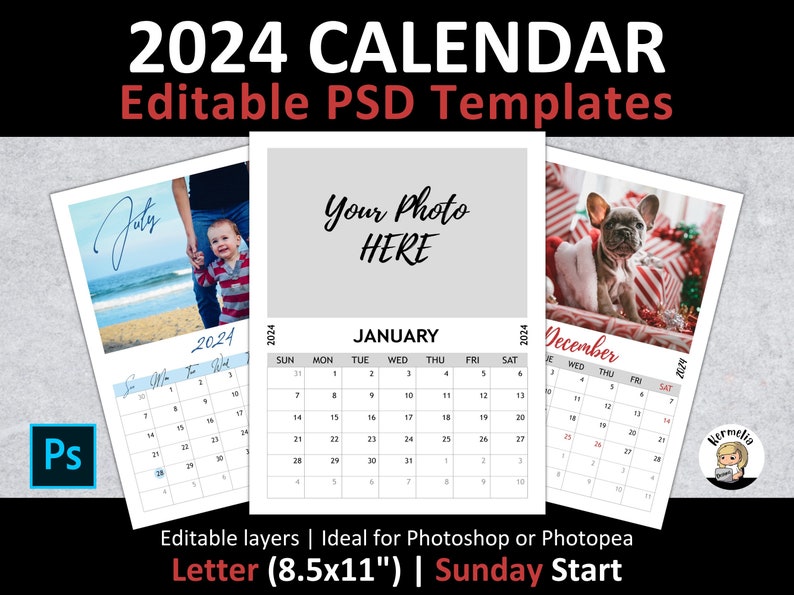 Letter 8.5x11 2024 CALENDAR PSD Template Sunday Start Etsy