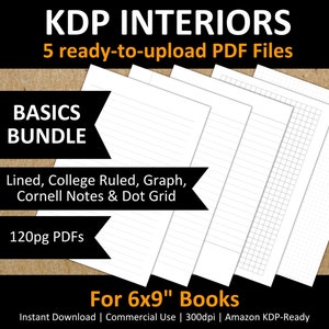 6x9&quot; KDP BASICS Bundle | 5 PDF Interior Templates | Lined, College Ruled, Cornell Notes, Dot Grid & Graph 4x4 Grid | Ready To Upload