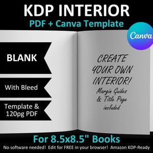 Cuaderno de diario CANVA de 8,5 x 8,5 pulgadas, con plantilla interior editable en blanco para Amazon KDP, con sangrado, 120 páginas en PDF, ideal para colorear y libros infantiles.