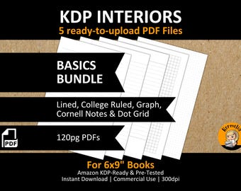 6x9" KDP BASICS Bundle | 5 PDF Interior Templates | Lined, College Ruled, Cornell Notes, Dot Grid & Graph 4x4 Grid | Ready To Upload