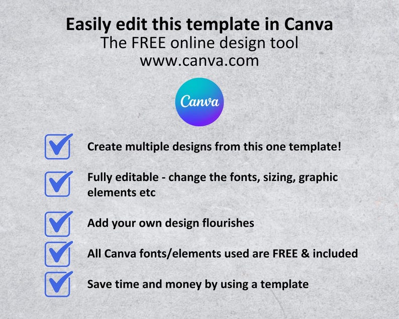May include: A checklist with five green tick marks next to the following text: "Create multiple designs from this one template!" "Fully editable - change the fonts, sizing, graphic elements etc" "Add your own design flourishes" "All Canva fonts/elements used are FREE & included" "Save time and money by using a template". The text "Easily edit this template in Canva" is at the top of the image. The text "The FREE online design tool" is below the first line of text. The text "www.canva.com" is below the second line of text. The text "Canva" is in a blue circle in the upper right corner of the image.