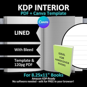 Caderno em branco com linhas, tamanho 8,25 x 11 polegadas, editável, para Amazon KDP | Sangria | 200 páginas, pronto para upload em PDF | Capa dura