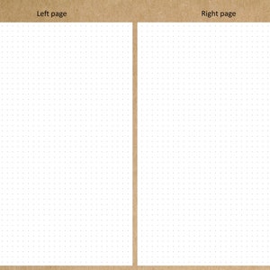 May include: Two blank pages with a grid of small dots. The pages are labelled "Left page" and "Right page".