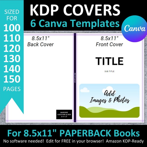 Canva 8.5x11" KDP PAPERBACK COVER Templates Editable Bundle Set | Sized for 100-150Pg Interiors | Kids Amazon Blank Notebook Journal Book