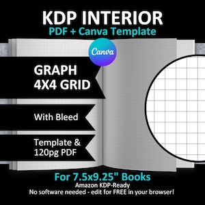 CANVA 7.5x9.25" GRAPH 4x4 Grid Lined Interior Editable Template Blank Notebook Math Journal for Amazon KDP | With Bleed | + 120 Pages Pdf